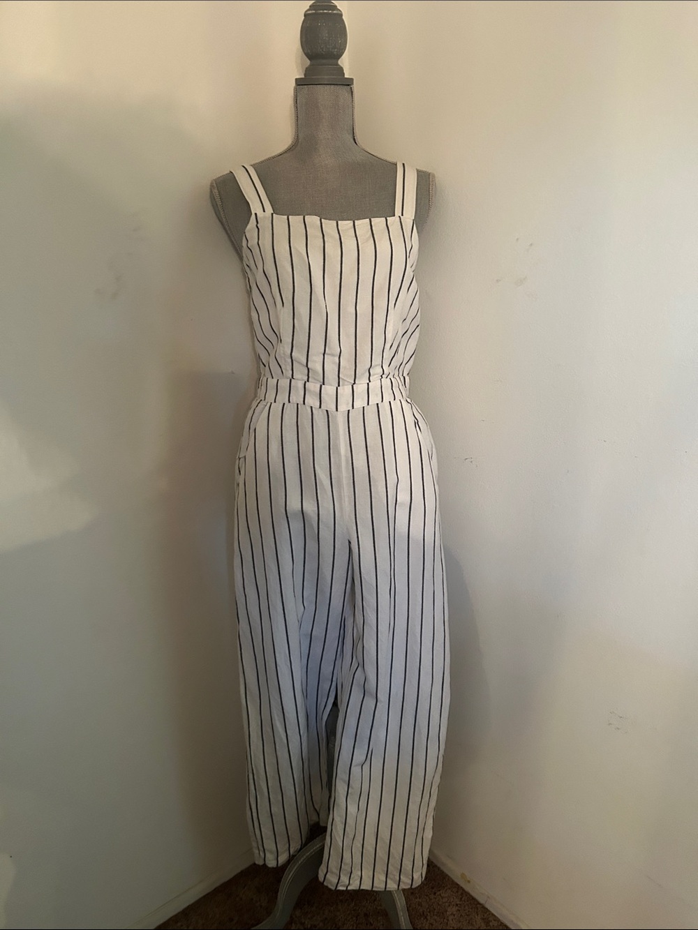 LOFT White Jumpsuit with Black Vertical Stripes